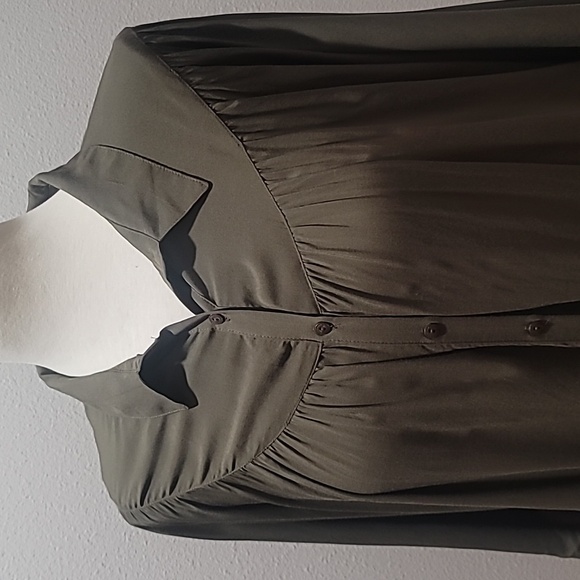 FREE PEOPLE Large Olive Green Button Down Bat Wing Bohemian Hippie Rayon Blouse - Picture 4 of 16